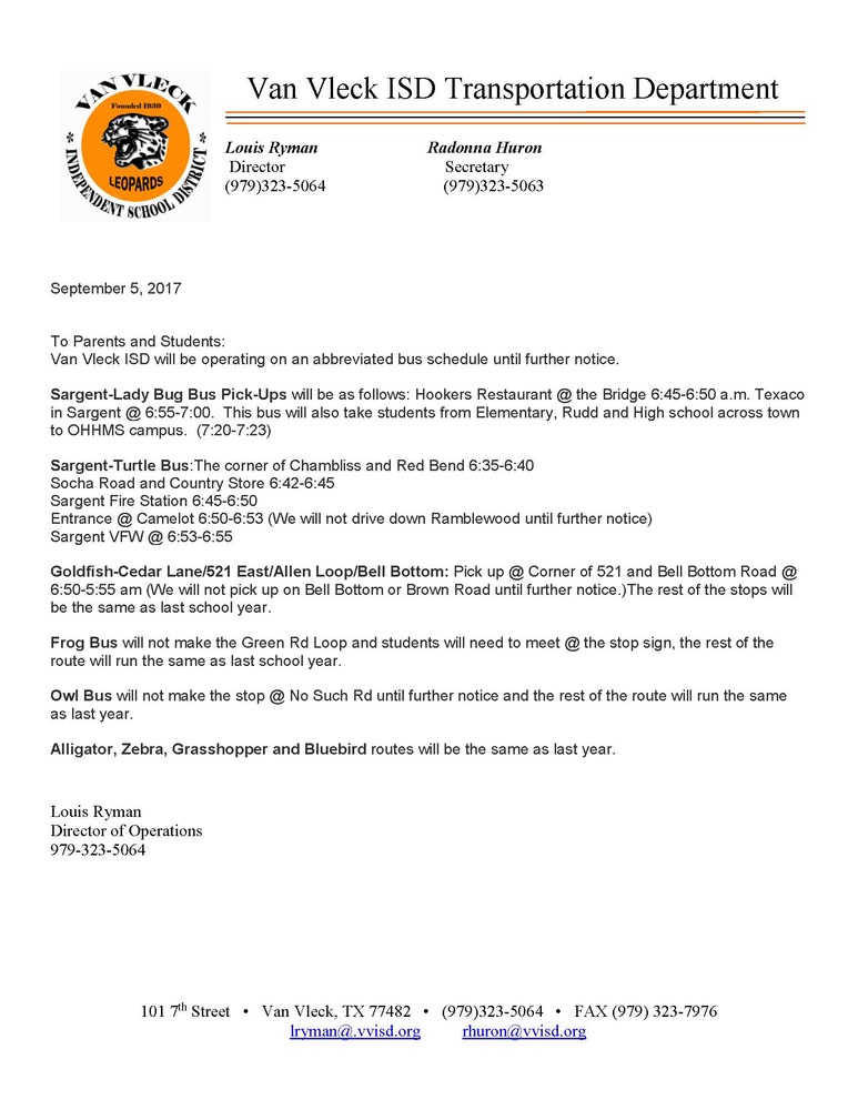 2017-2018 Abbreviated Bus Schedule