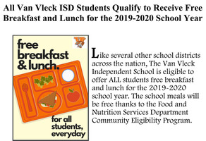 All Van Vleck ISD Students Qualify to Receive Free Breakfast and Lunch for the 2019-2020 School Year