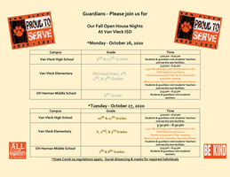 Guardians - Please join us for Our Fall Open House Nights at Van Vleck ISD - 10/26/20 & 10/27/20