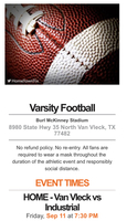 Varsity Football Tickets vs Industrial (Sept. 11th)