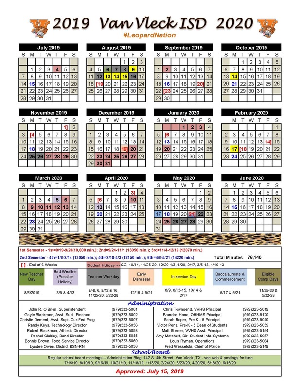 VVISD Trustees Approved Updated School Calendar Van Vleck ISD